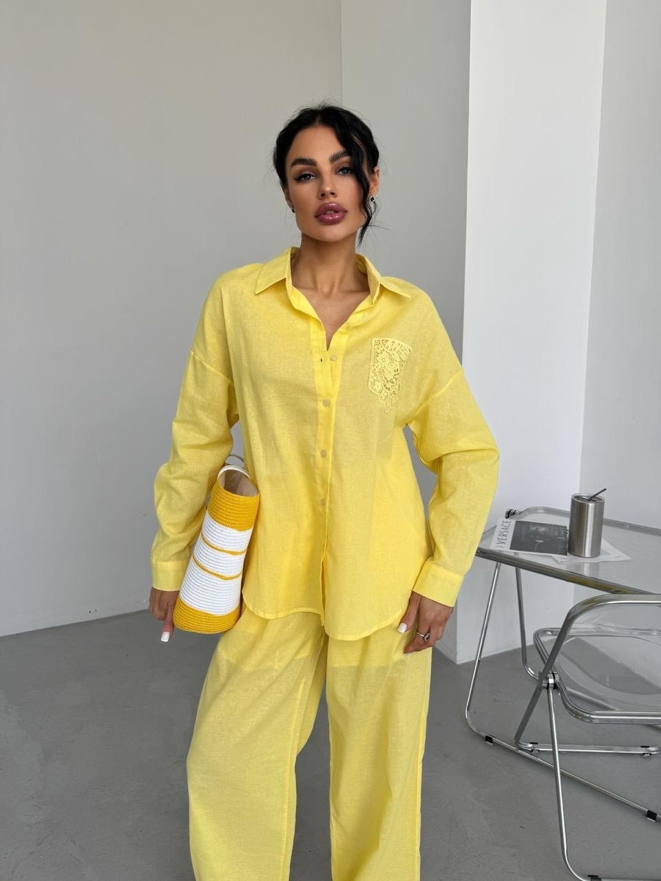 идеальный костюм изо льна: рубашка + брюки, lemon - l-xl,идеальный костюм изо льна рубашка + брюки lemon,брючный костюм,желтый костюм,жёлтый костюм женский брючный