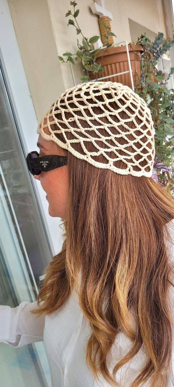 вязаные головные уборы,шапка сетка,летние шапки,шапка сетка крючком,шапочка вязаная
