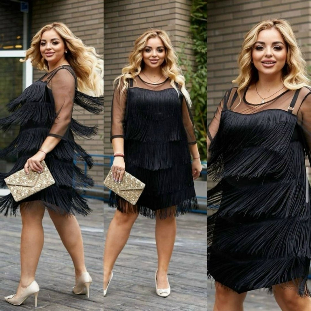 платье с бахромой для полных,платье с бахромой,платье с бахромой emmiloves цвет черный,вечерние платья с бахромой,платье с бахромой emmiloves