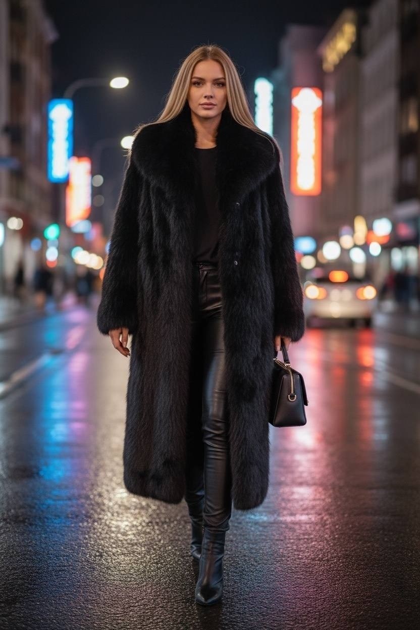 шуба с кожаными штанами,шуба стиль,шуба,пальто с мехом