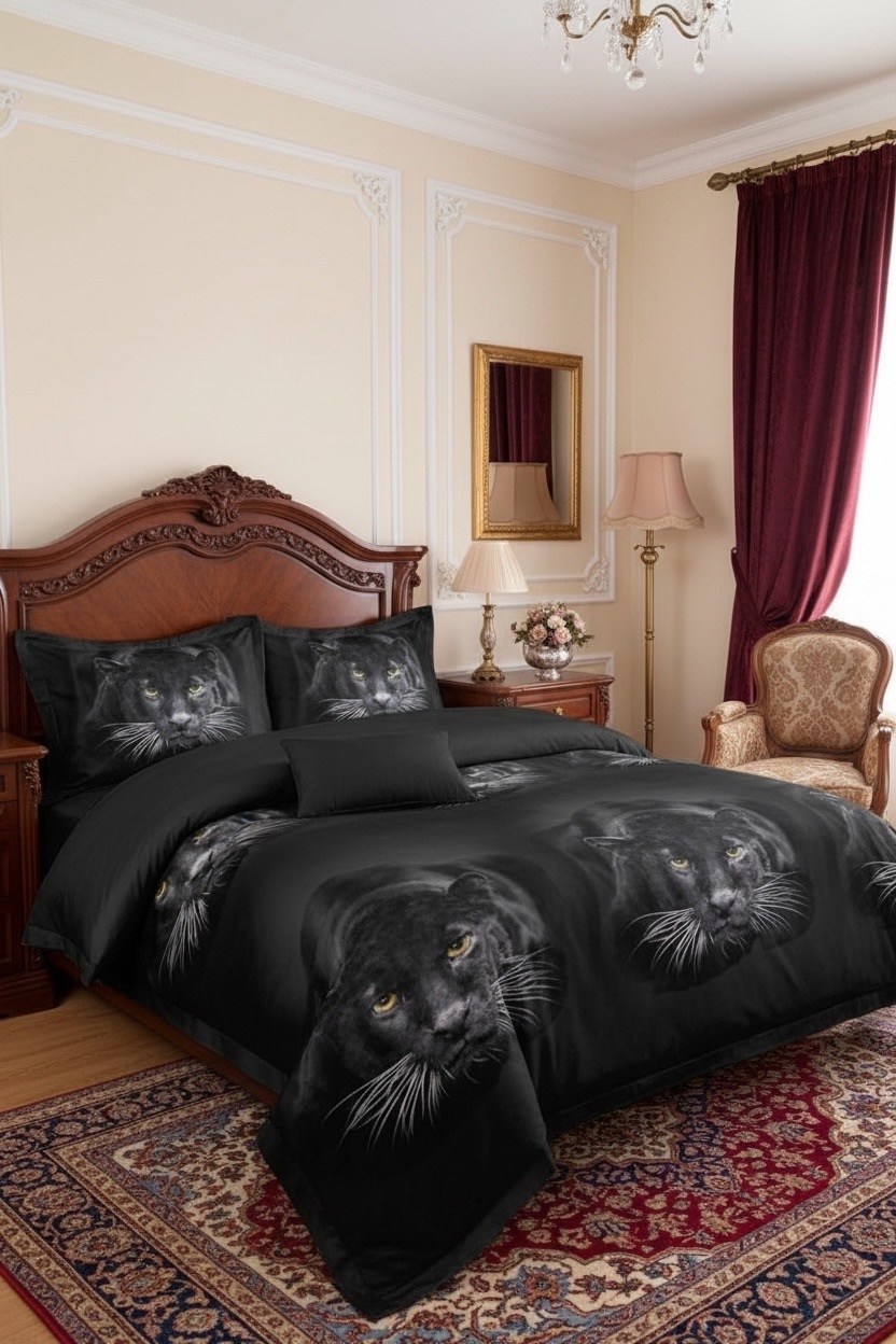 постельное 3д пантера,постельное белье из сатина 3d "черная пантера" 1,5 спальное,постельное белье 5д сатин гепард,постельного белья,постельное бельё евро пантера