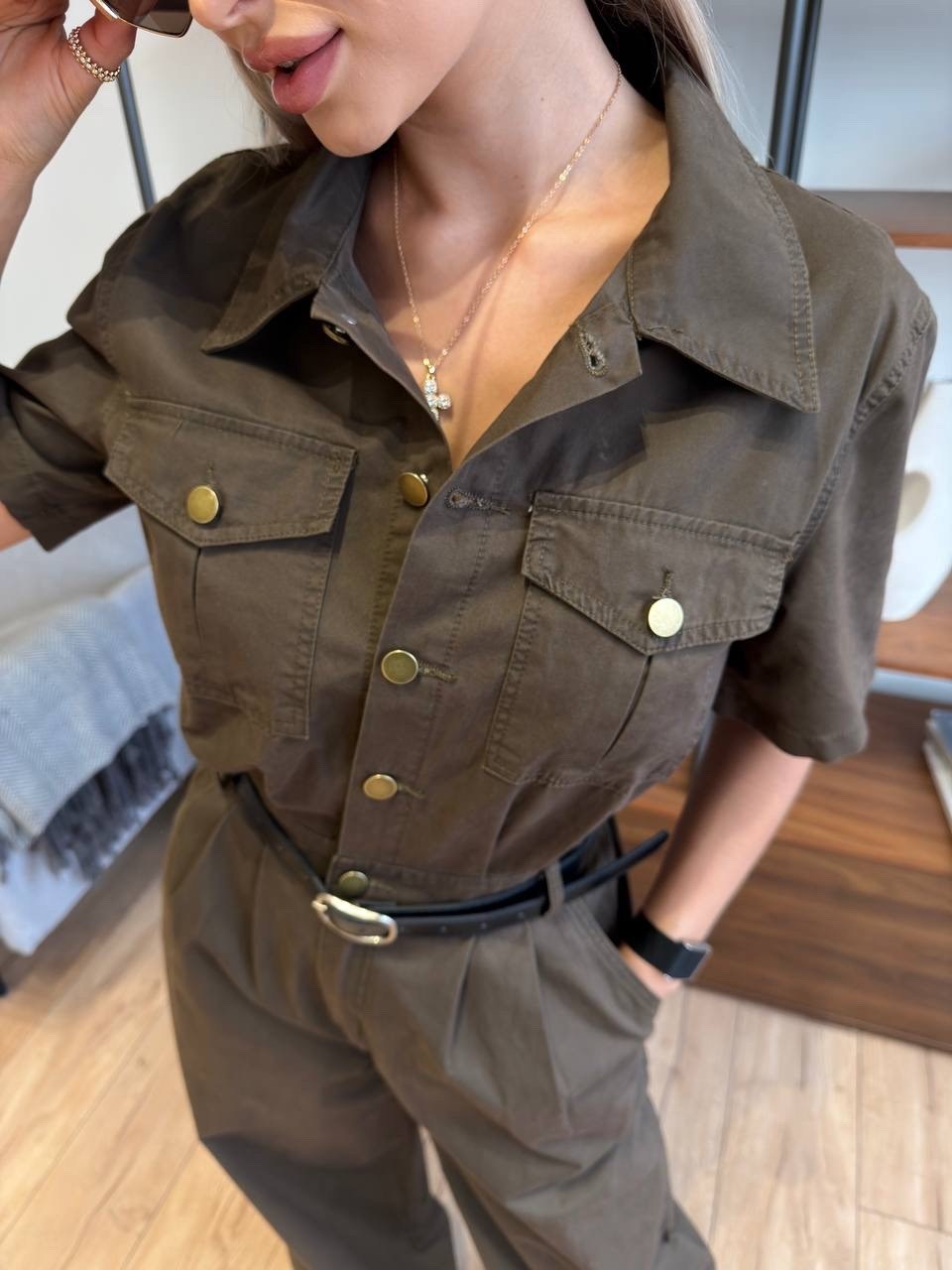 комбинезон брючный летний с коротким рукавом g&lo,комбинезон almirastyle 153 хаки,женские комбинезоны,комбинезон брючный,комбинезон модный