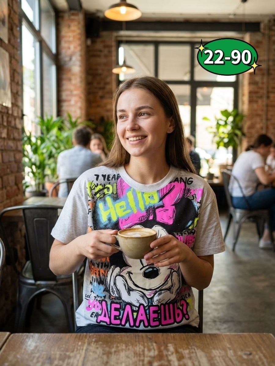 девушка,девушка улыбается администратор в зеленой футболке на фоне детского центра,футболки женская,кофе в кофейне,в кафе