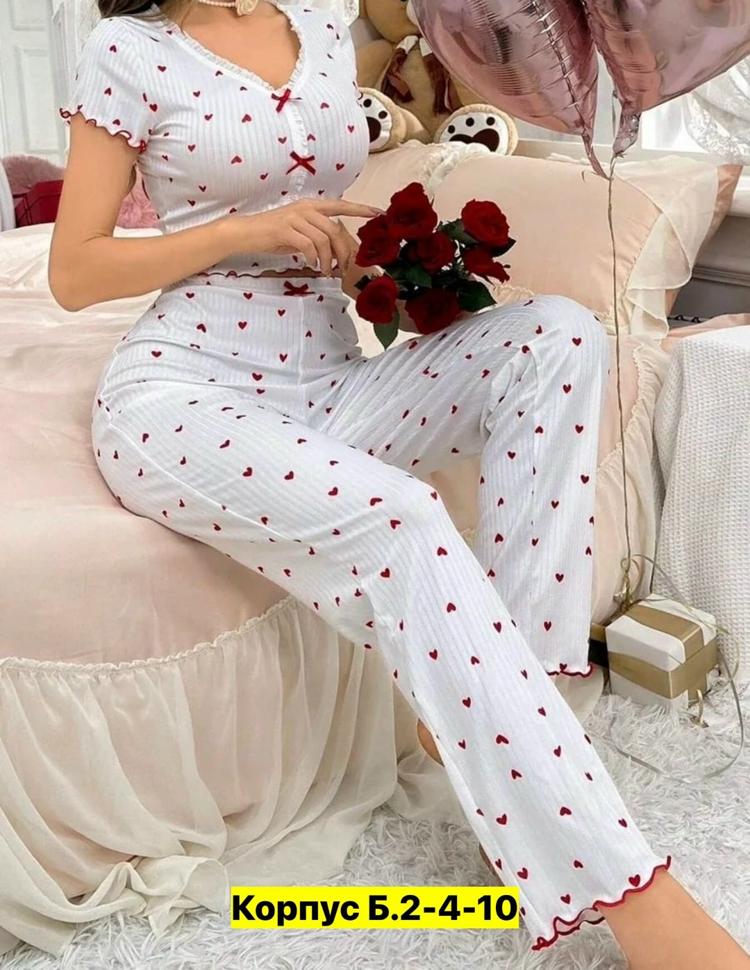 женские пижамные комплекты,пижамы для женщин,женская пижама,женская пижама с принтом и бантиком,пижама женская с брюками m,l,xl,xxl,с сердечками