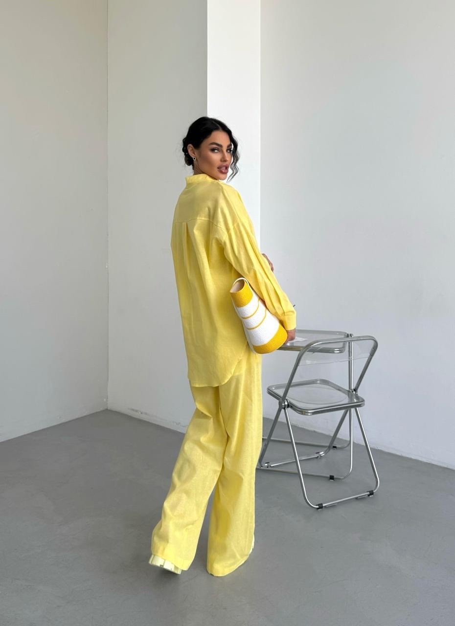 идеальный костюм изо льна: рубашка + брюки, lemon - l-xl,идеальный костюм изо льна рубашка + брюки lemon,брючный костюм,желтый костюм,жёлтый костюм женский брючный