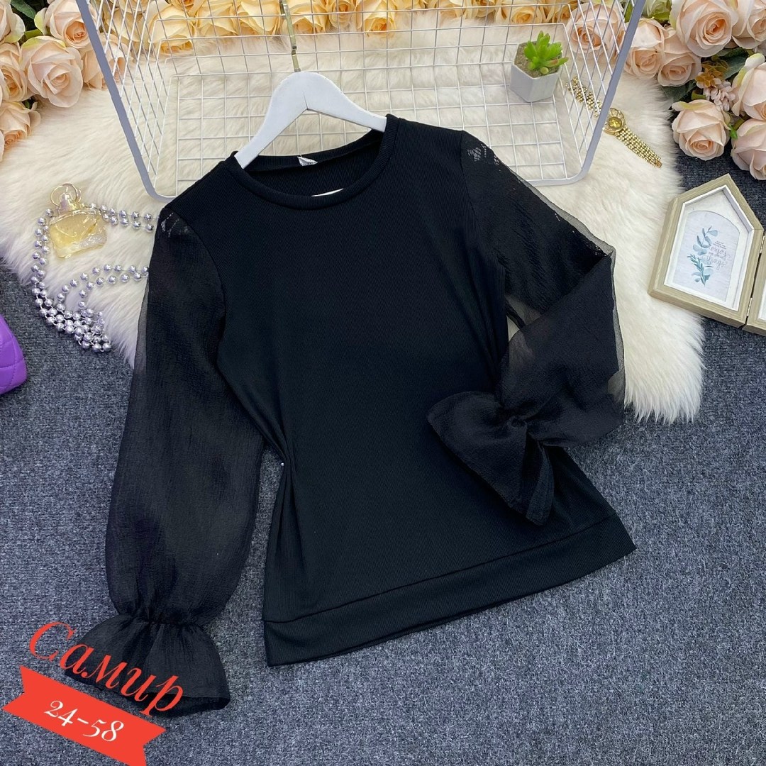 свитер с шифоном,женский джемпер с кружевным рукавом,модный женский свитер,свитер с рукавом фонарик,шифоновые блузки