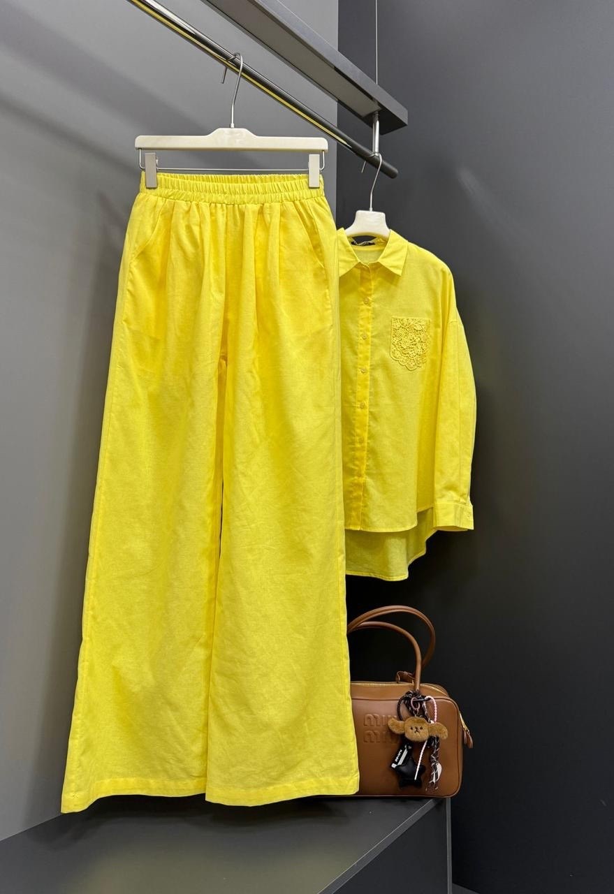 идеальный костюм изо льна: рубашка + брюки, lemon - l-xl,идеальный костюм изо льна рубашка + брюки lemon,брючный костюм,желтый костюм,жёлтый костюм женский брючный