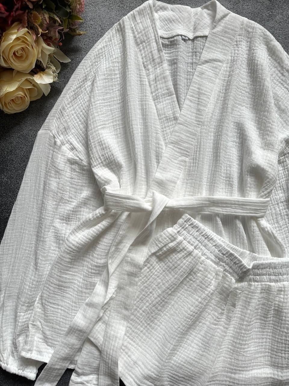 костюм белый,кимоно халат муслин,халат с карманами,халат с длинными рукавами,шелковые халаты
