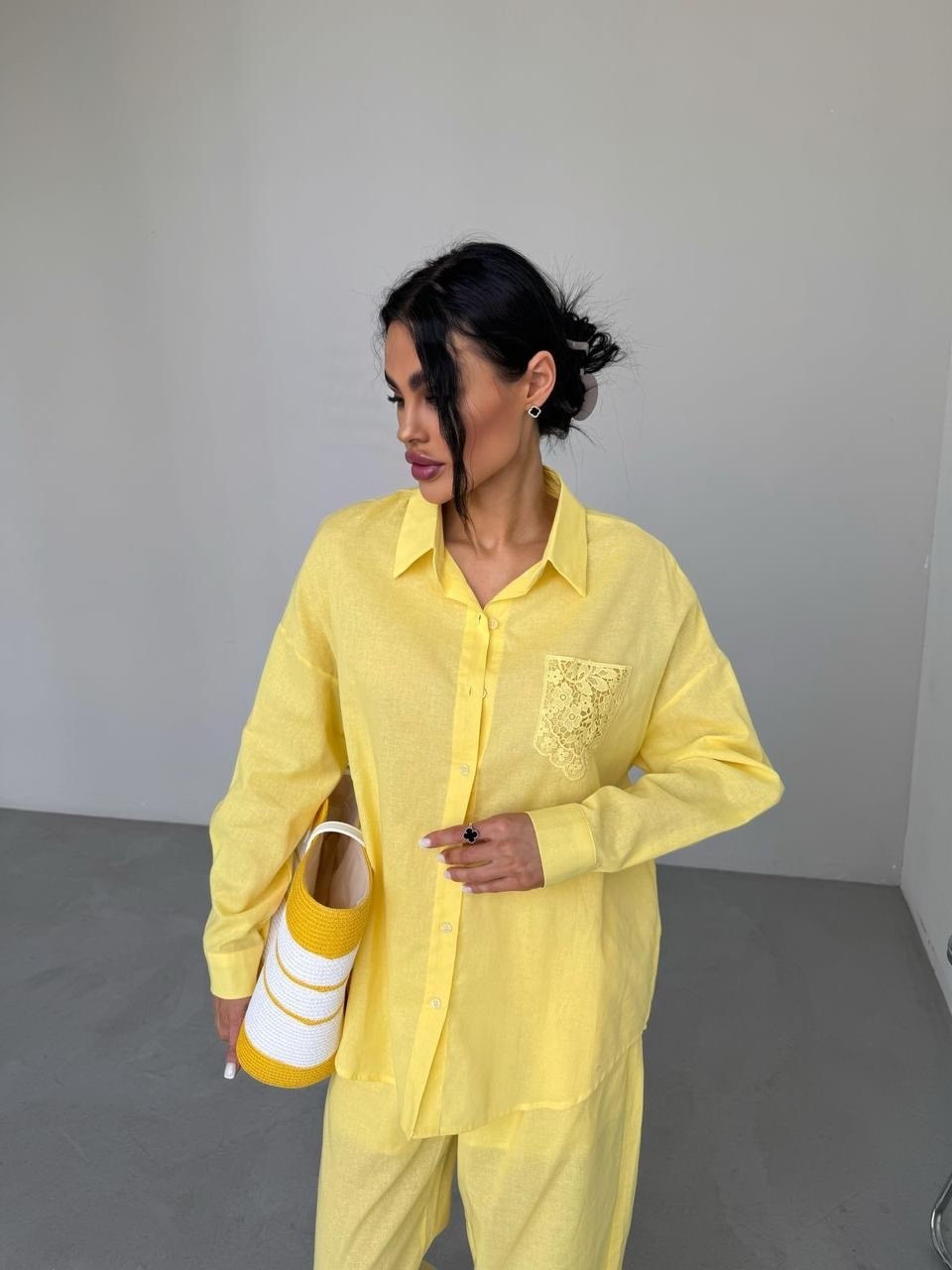 идеальный костюм изо льна: рубашка + брюки, lemon - l-xl,идеальный костюм изо льна рубашка + брюки lemon,брючный костюм,желтый костюм,жёлтый костюм женский брючный