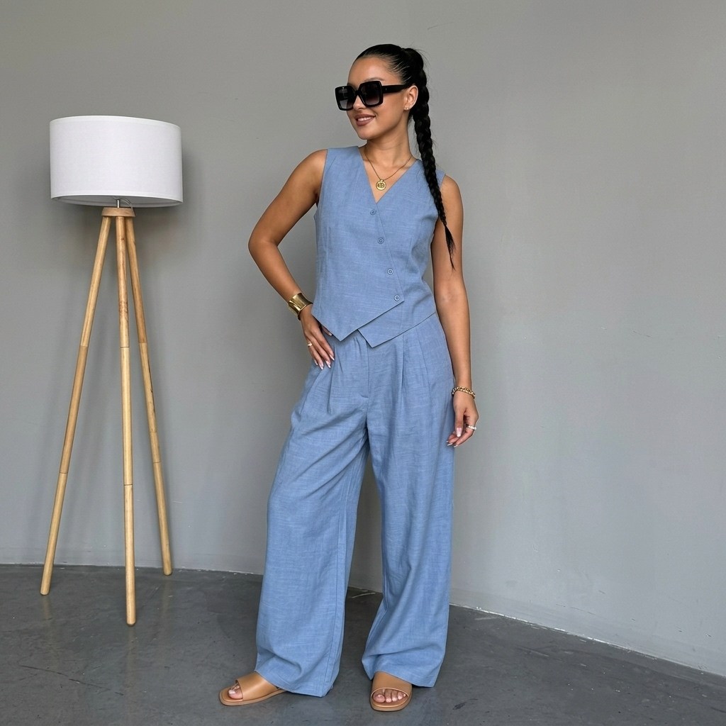 костюм летний льняной с жилетом и брюками trendyclo,костюм льняной брючный с жилетом,льняной костюм женский с жилеткой и брюками,брючный костюм,женский брючный костюм из двух предметов
