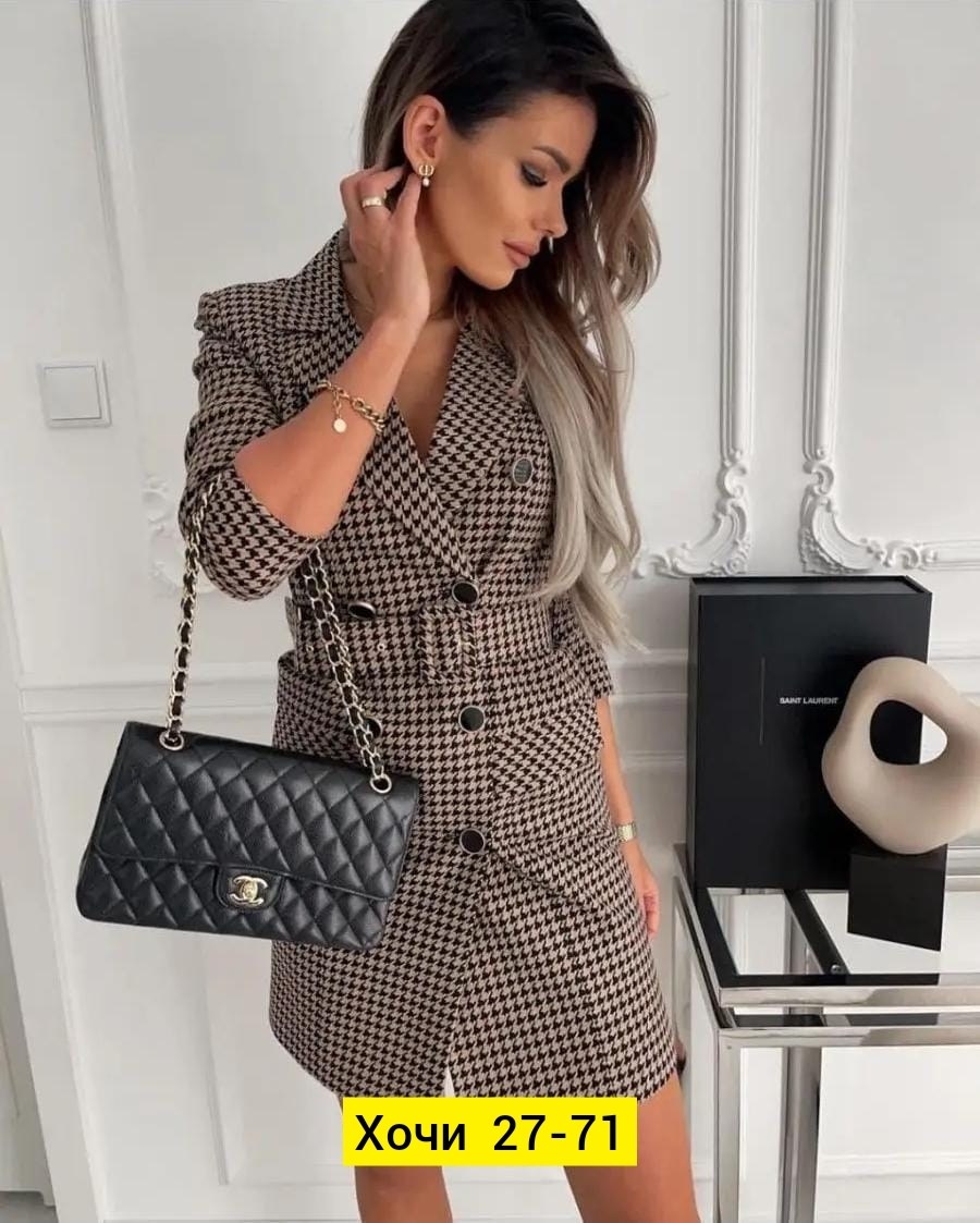 женский длинный пиджак в клетку,платье пиджак гусиная лапка,платье пиджак в клетку с поясом,платье пиджак в клетку,офисное женское классическое свободное платье из твида с отложным воротником и принто