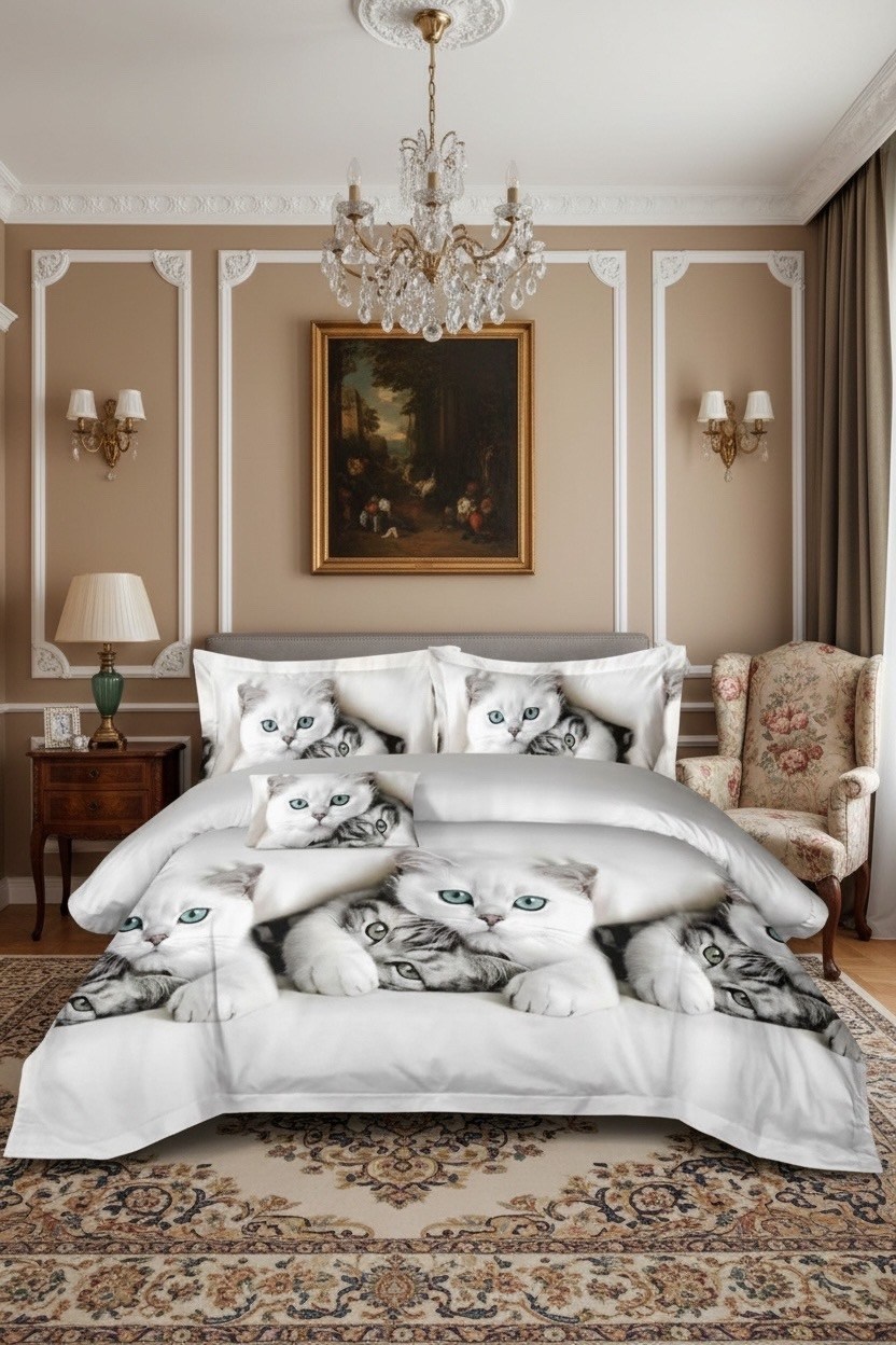 постельное белье 1.5 спальное павлина котики белые полисатин наволочки 70x70,постельное белье 1 5 спальное,комплект постельного белья,постельное бельё,льняной комплект постельного белья с кошками