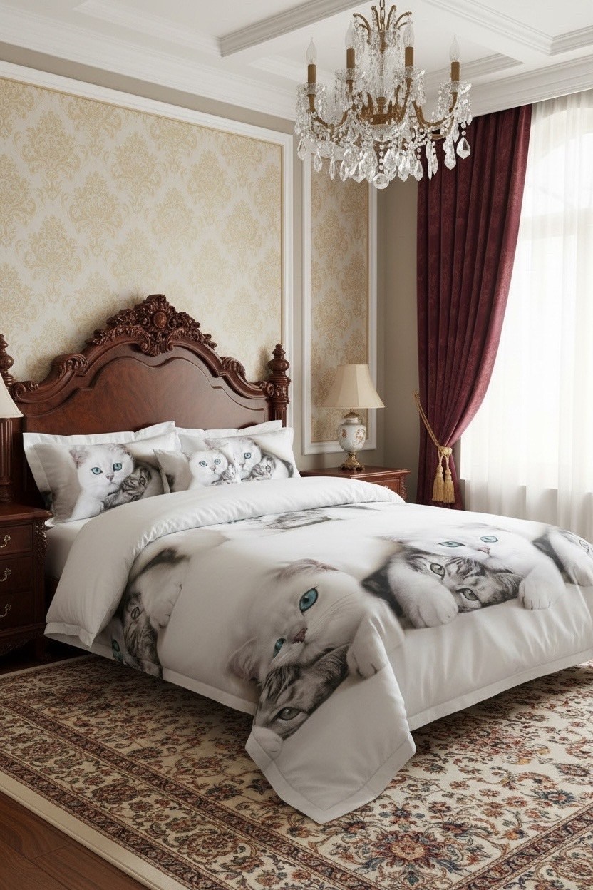 постельное белье 1.5 спальное павлина котики белые полисатин наволочки 70x70,постельное белье 1 5 спальное,комплект постельного белья,постельное бельё,льняной комплект постельного белья с кошками