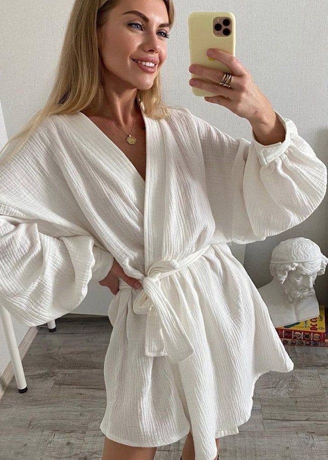 костюм белый,кимоно халат муслин,халат с карманами,халат с длинными рукавами,шелковые халаты