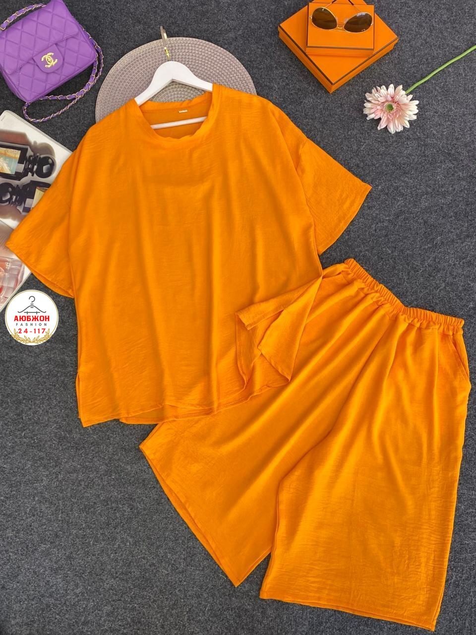 костюм оранжевый,оранжевый костюм с шортами женский,женский костюм двойка,летний женский костюм,трикотажный оранжевый костюм