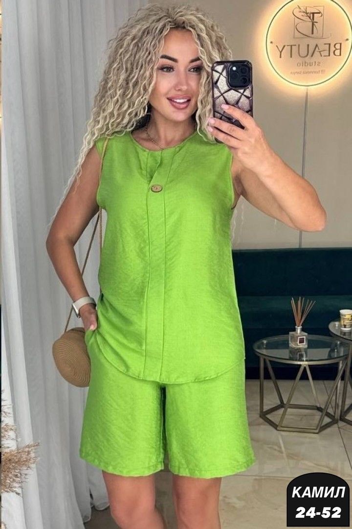 женский костюм с шортами,летние костюмы женские, ,летние костюмы,костюм из льна лайм