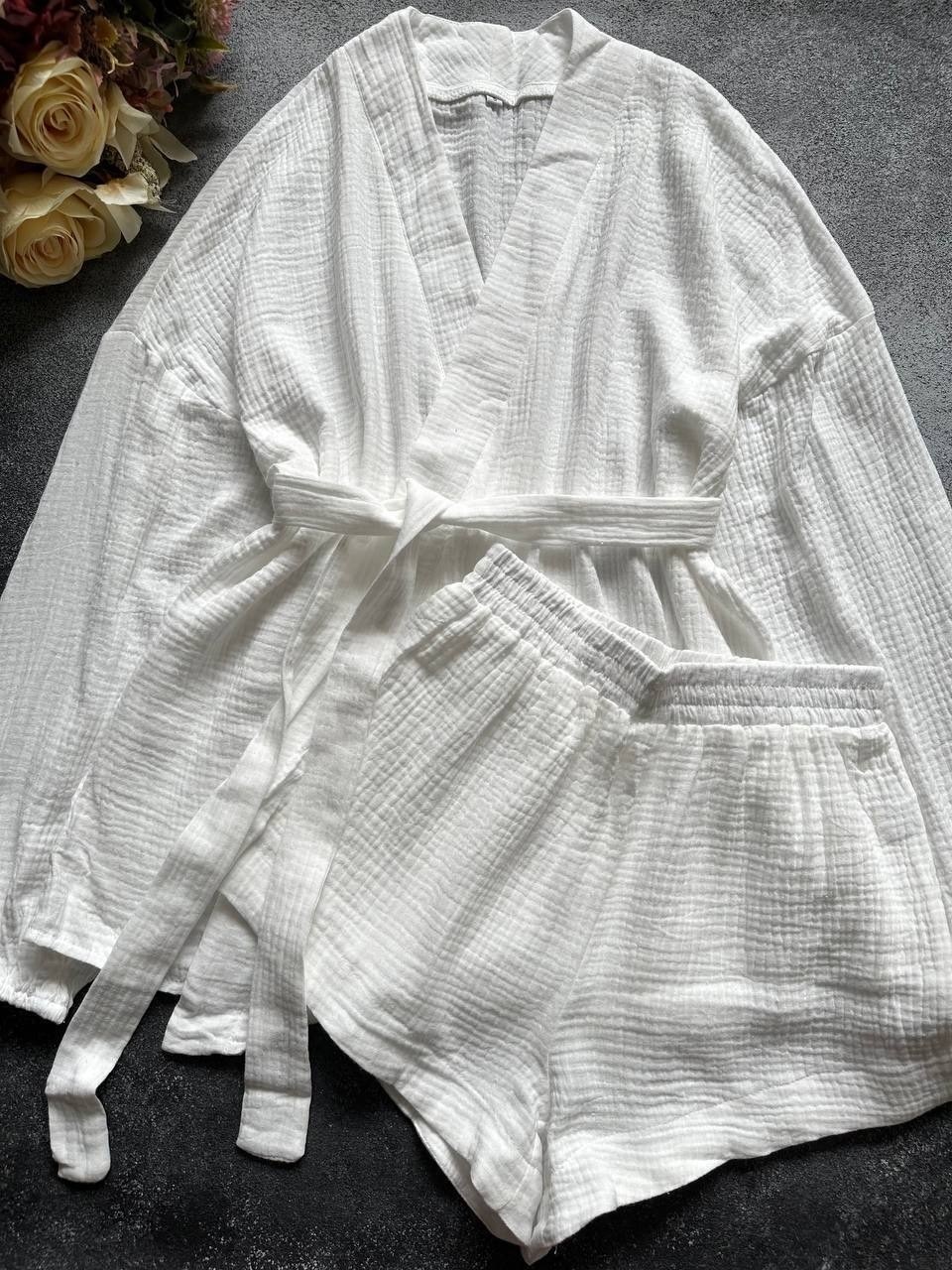 костюм белый,кимоно халат муслин,халат с карманами,халат с длинными рукавами,шелковые халаты