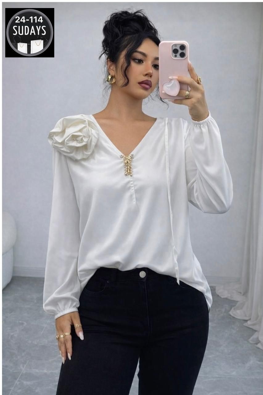 блузка с цветком шелковая нарядная emberens 200845582,нарядная блузка,модные блузки,женская блуза,женская блузка