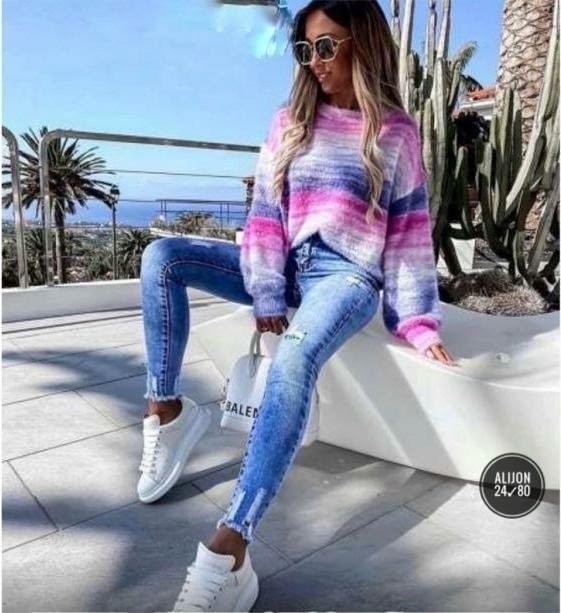 джинсы женские,одежда джинсы,джинсы модные,вязаный свитер градиентом,кофта омбре вязаная