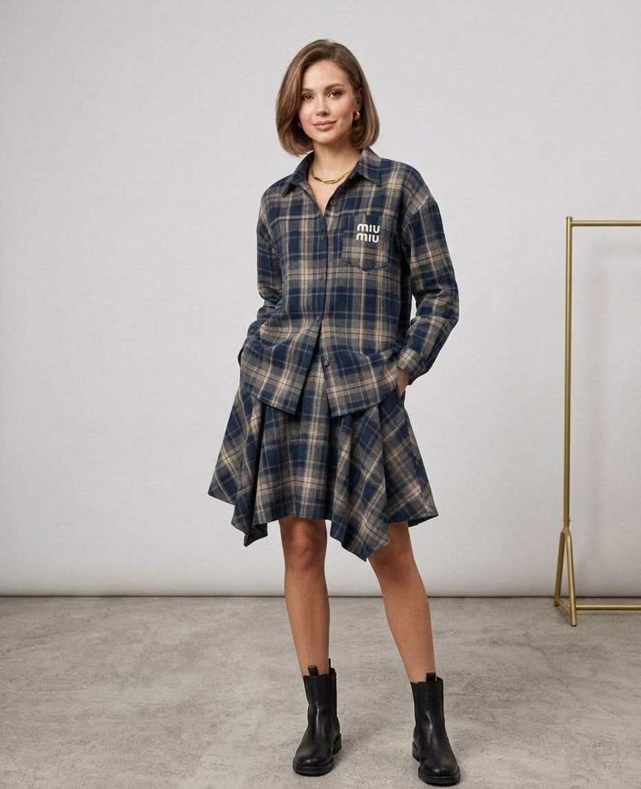 платье рубашка в клетку,платья в клетку,платье зара красное в клетку,костюм юбка с рубашкой в клетку erkestyle,комплект одежды erkestyle рубашка с юбкой