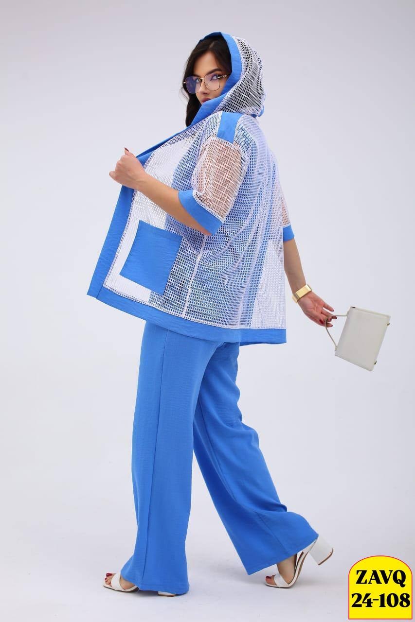 костюм женский,брючный костюм из прошвы,костюм женский двойка брючный,костюм с брюками,костюм брючный голубой