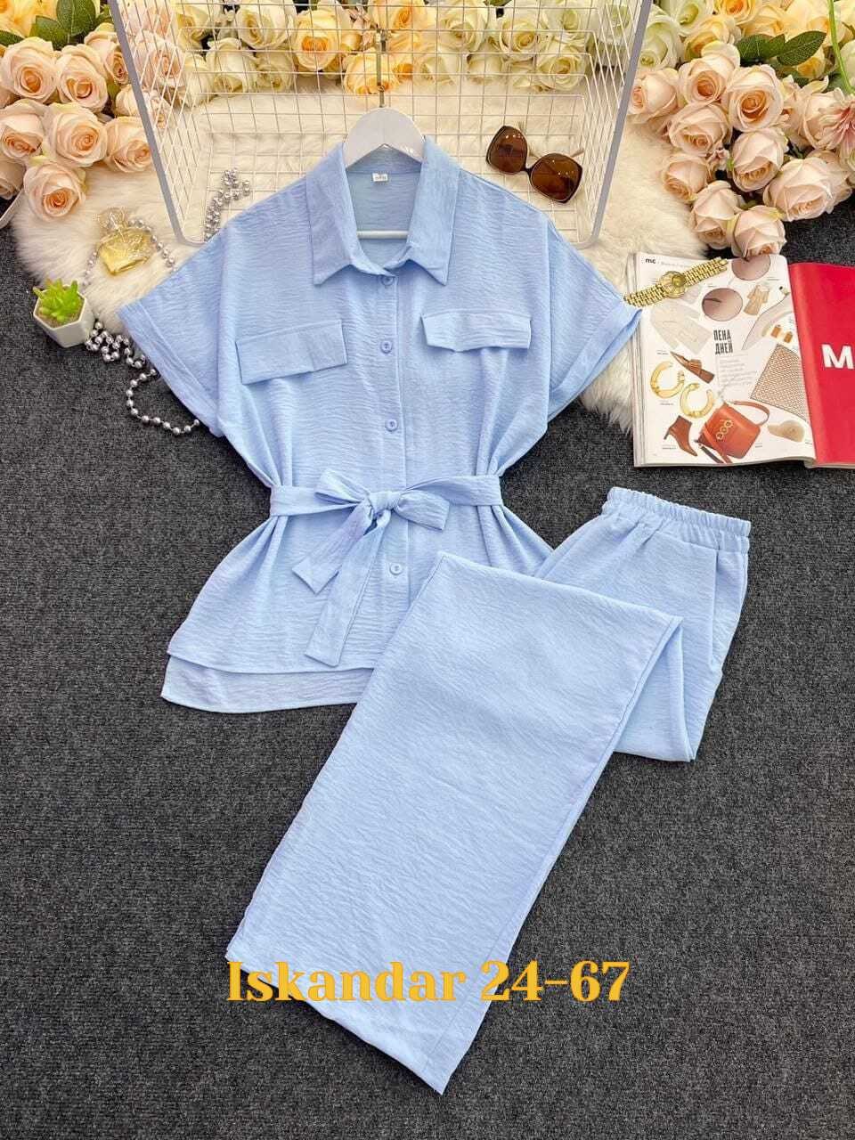 брючный костюм,брючный костюм жатка,костюм женский летний брючный,костюм двойка женский летний брючный,женский летний костюм блузка и брюки прямые цвет хаки