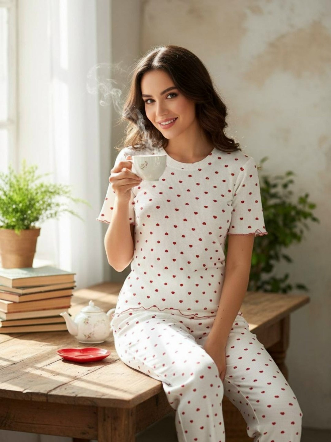 пижамы женская с шортами хлопок,женская пижама с шортами,пижама женская с шортами и футболкой,пижама с шортами с сердечками vetu 306865590,женская пижама с шортами 00027 (белый с красными сердечками)