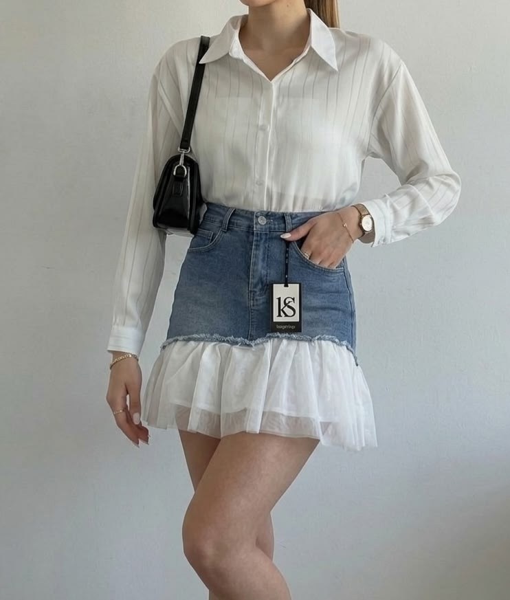 юбка в корейском стиле,юбка с оборками,женская рубашка,джинсовая юбка,повседневная рубашка