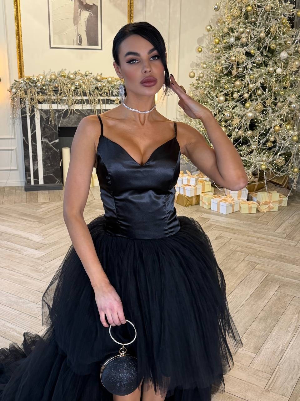 вечерние платья,вечернее платье со съемной юбкой,платья,черное пышное тюлевое платье hi low,элегантное черное платье в пол из фатина с юбкой-годе