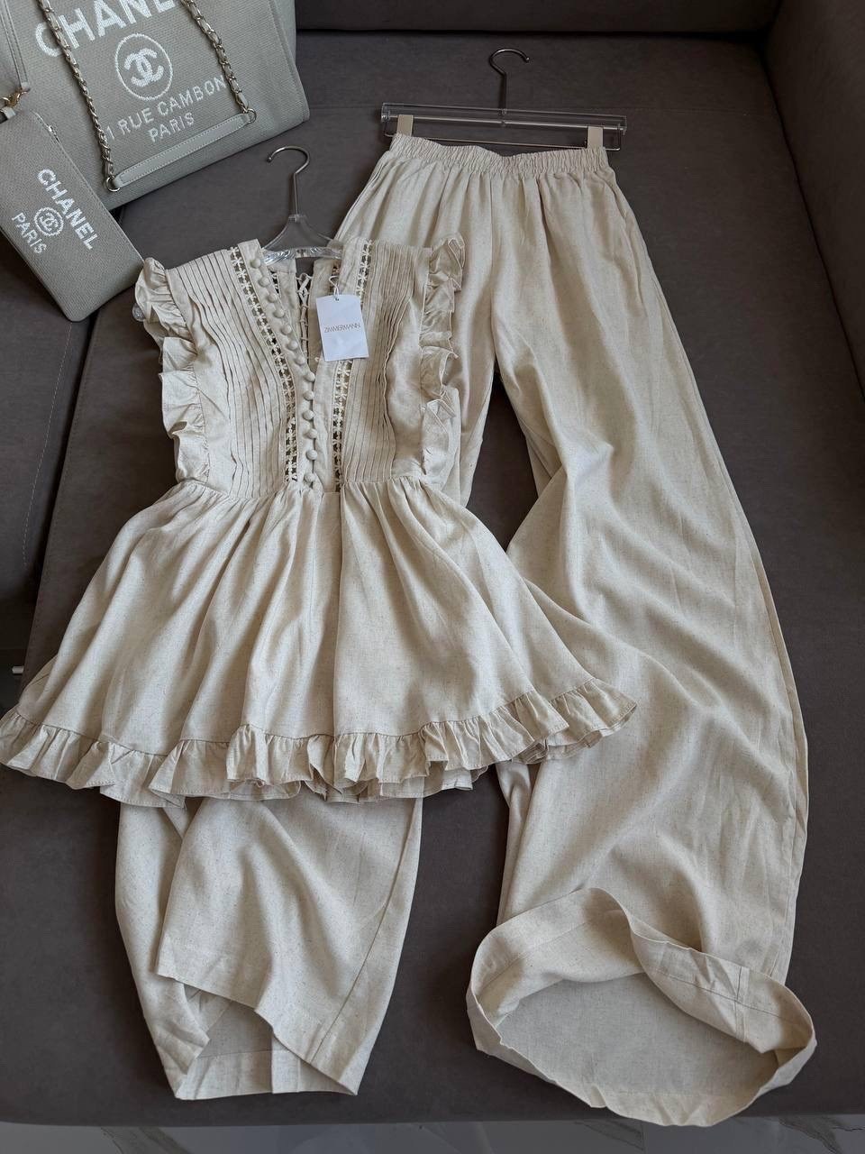 летние костюмы женские,костюм из муслина,элегантные брюки,бежевый брючный костюм,элегантные женские комплекты