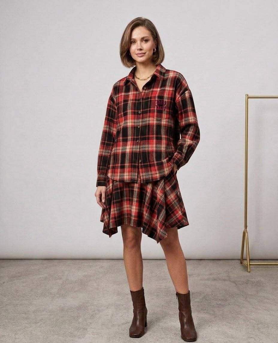 платье рубашка в клетку,платья в клетку,платье зара красное в клетку,костюм юбка с рубашкой в клетку erkestyle,комплект одежды erkestyle рубашка с юбкой