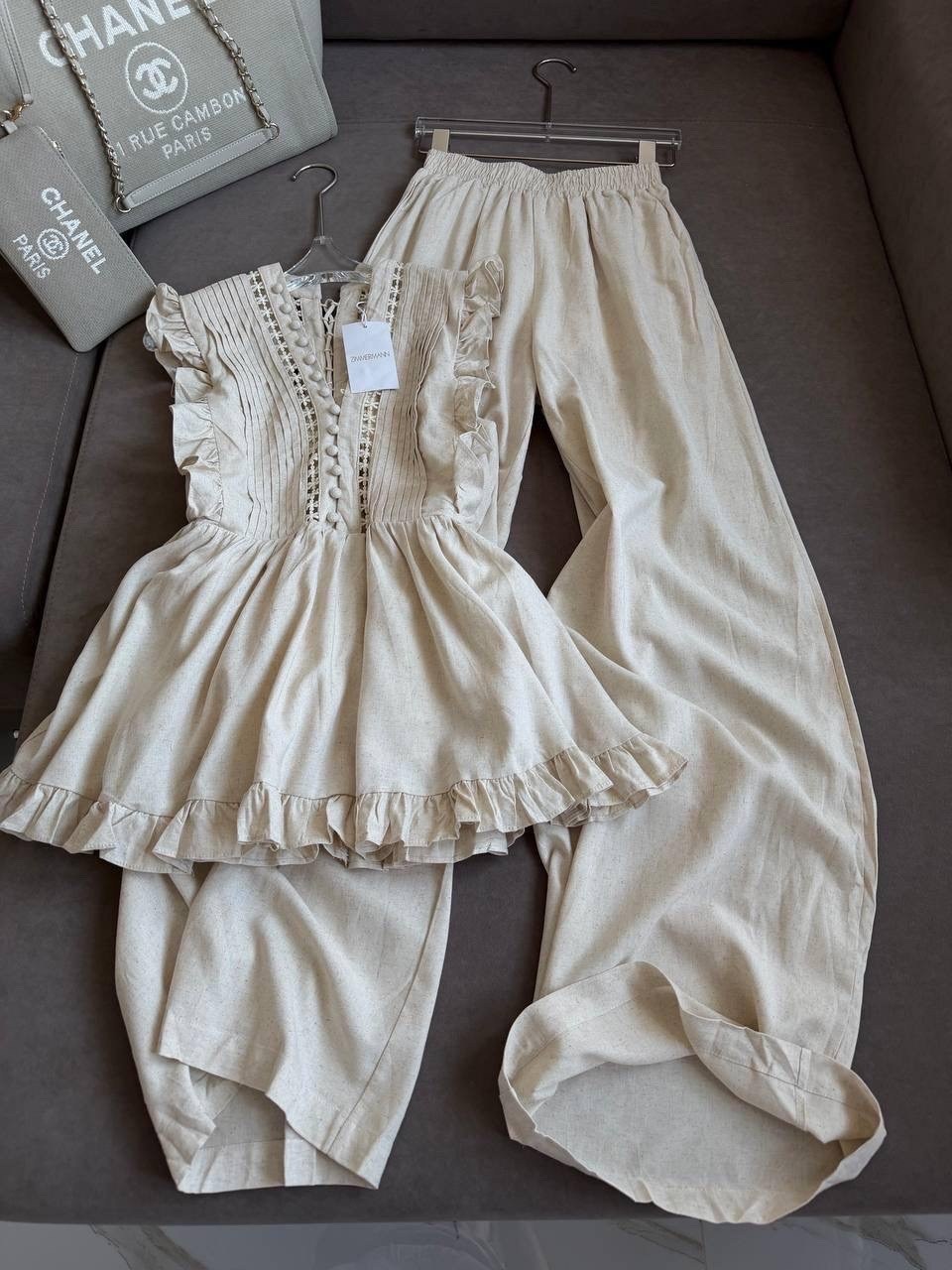 летние костюмы женские,костюм из муслина,элегантные брюки,бежевый брючный костюм,элегантные женские комплекты