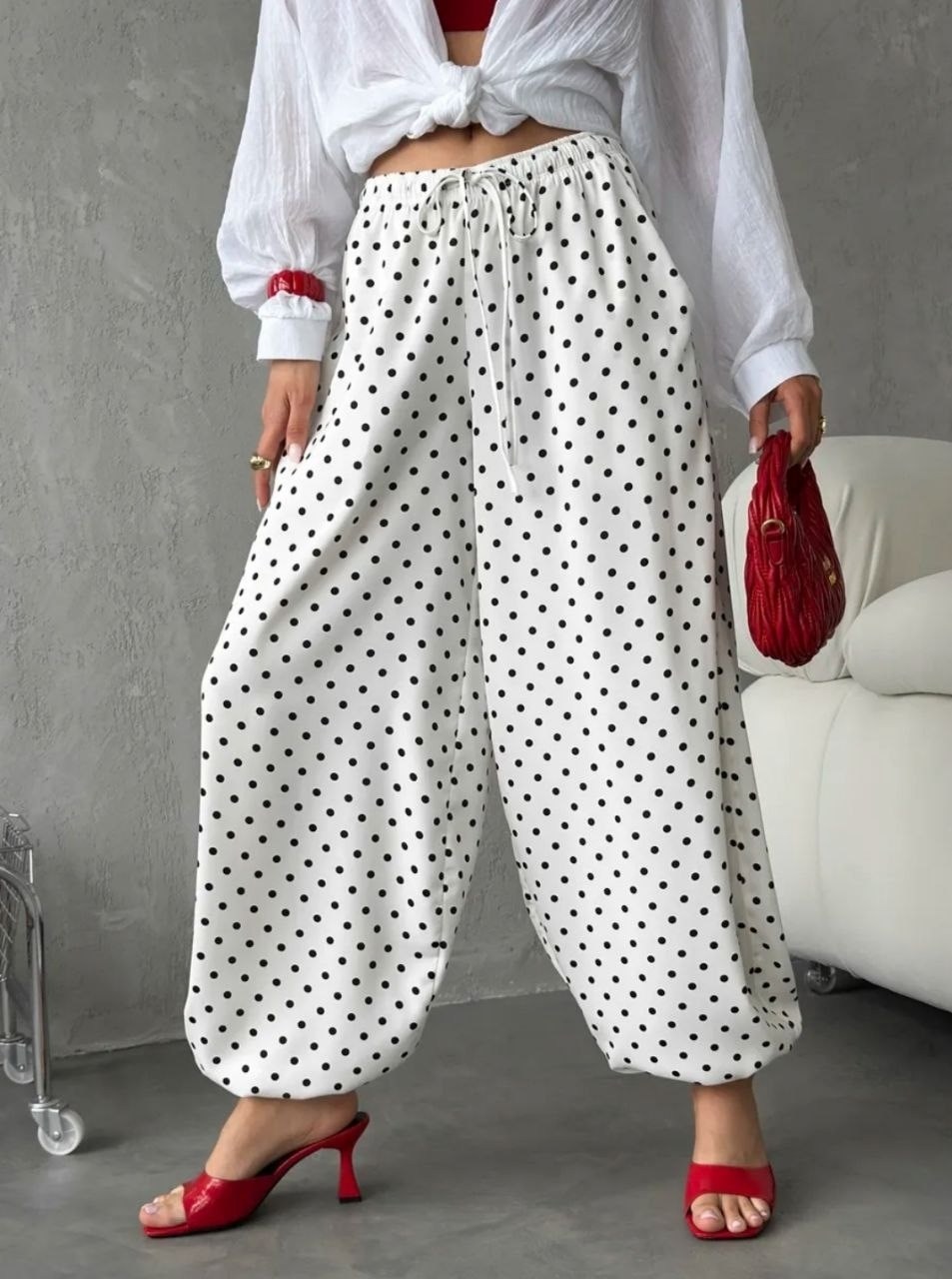 шифоновые брюки в горошек с широкими штанинами легкие эластичные женские,широкие штаны в горошек,шифоновые брюки,брюки с широкими штанинами,широкие брюки
