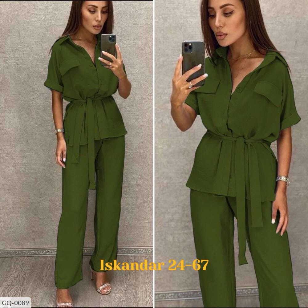 брючный костюм,брючный костюм жатка,костюм женский летний брючный,костюм двойка женский летний брючный,женский летний костюм блузка и брюки прямые цвет хаки