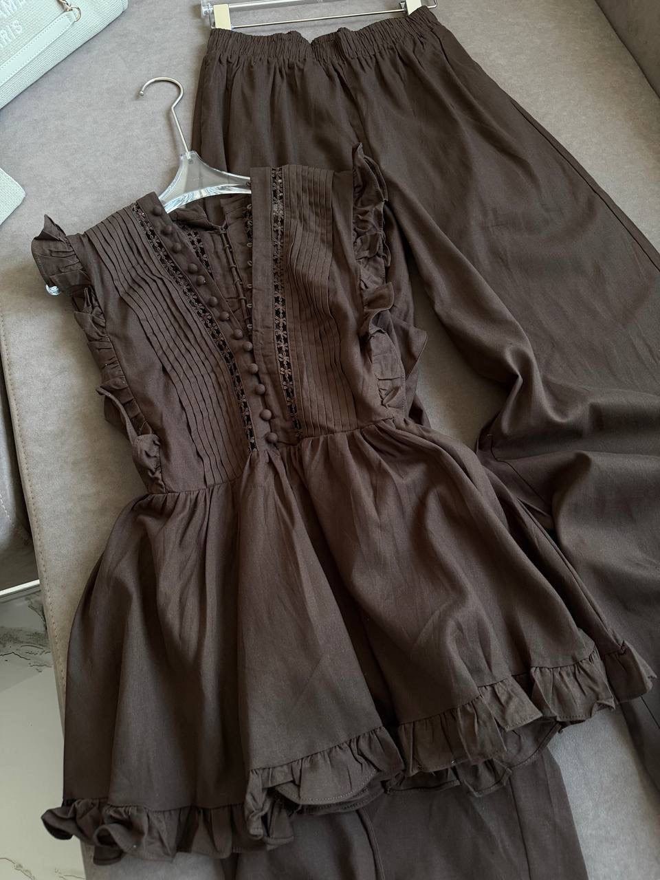 брюки комплект,комбинезон с оборками,женские комбинезоны,костюм,широкие брюки