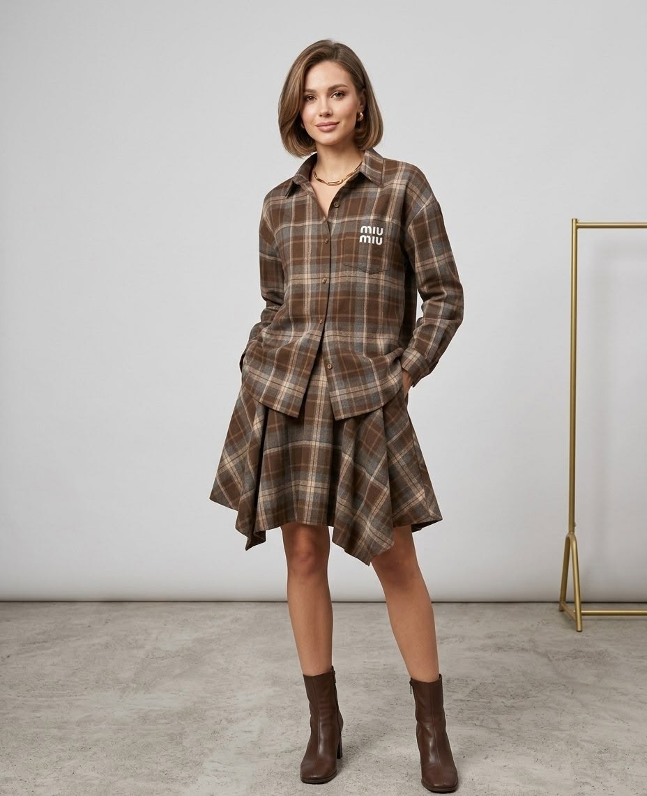 платье рубашка в клетку,платья в клетку,платье зара красное в клетку,костюм юбка с рубашкой в клетку erkestyle,комплект одежды erkestyle рубашка с юбкой