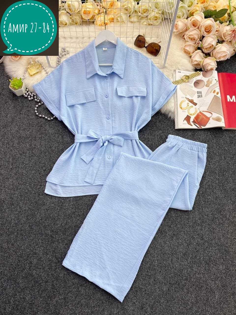 брючный костюм,костюм женский летний брючный,брючный костюм жатка,костюм двойка женский летний брючный,женский летний костюм блузка и брюки прямые цвет хаки