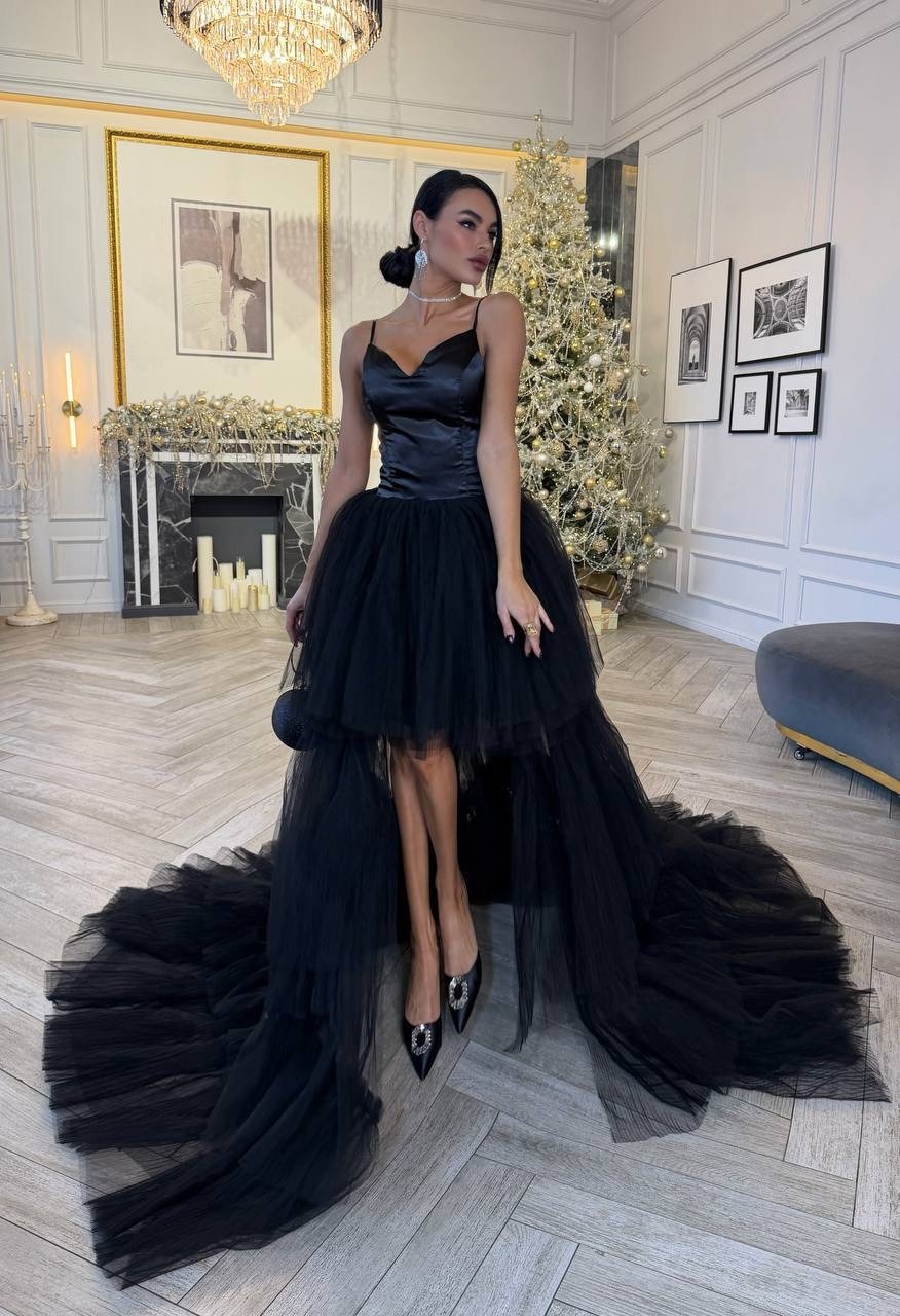 вечерние платья,вечернее платье со съемной юбкой,платья,черное пышное тюлевое платье hi low,элегантное черное платье в пол из фатина с юбкой-годе