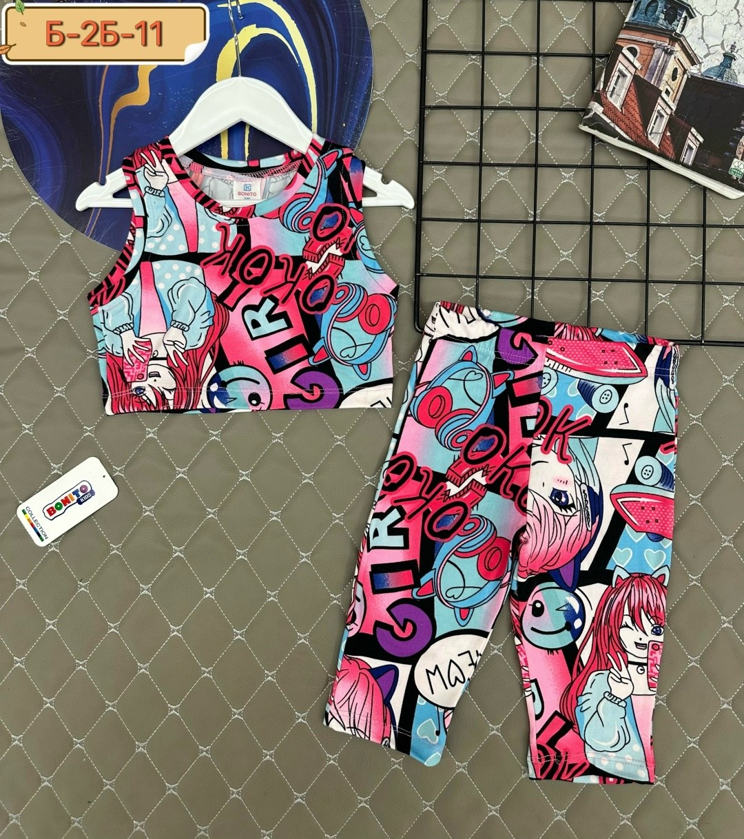 летний костюм из бамбука для девочки happyfox,костюм для девочек happyfox мультицвет,костюм для девочки,костюм детский летний с бриджами happyfox,детский летний костюм для девочек