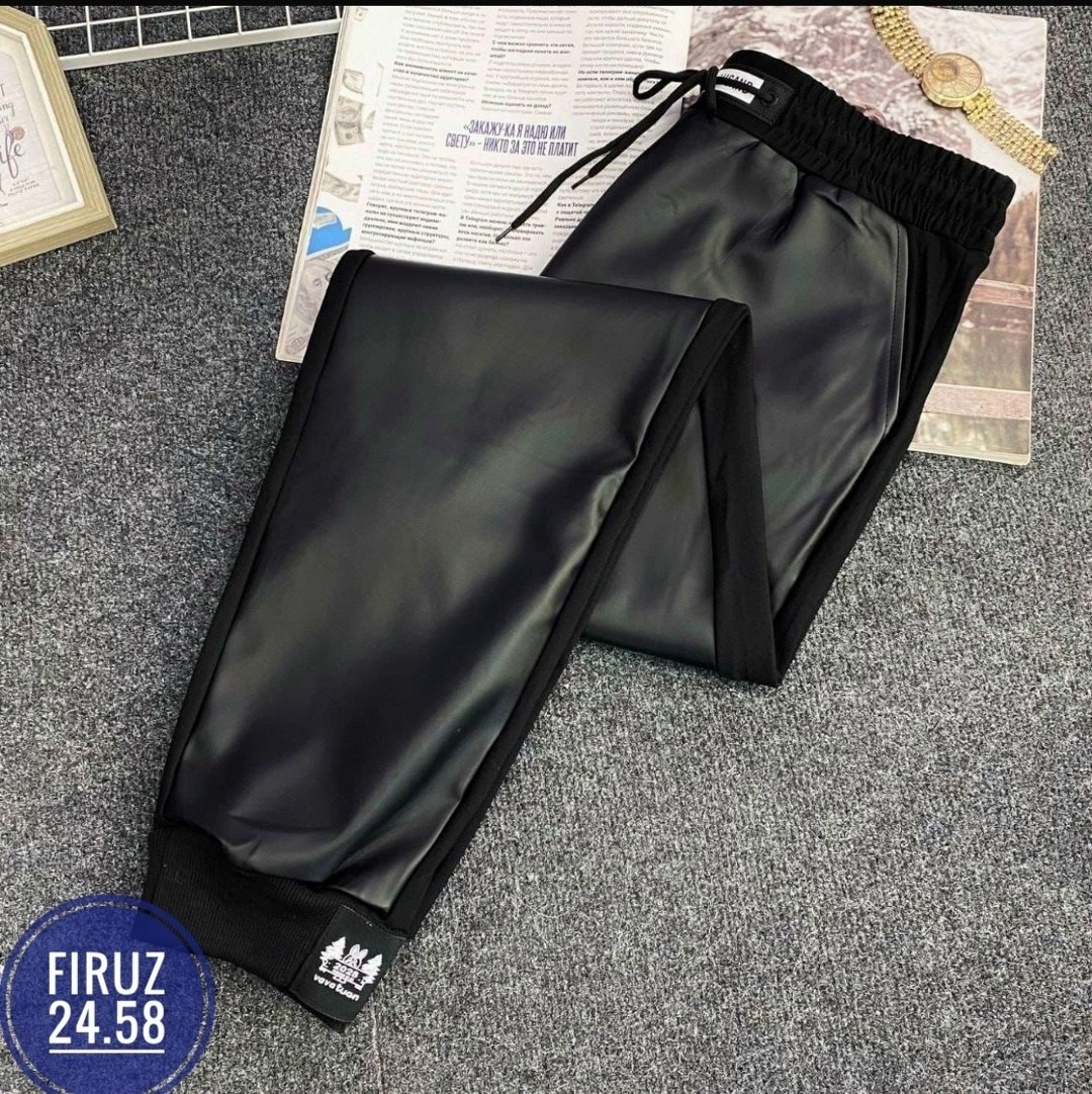 брюки джоггеры из экокожи,джоггеры женские,комбинированные брюки кожа и трикотаж,джоггеры кожаные,спортивные женские брюки