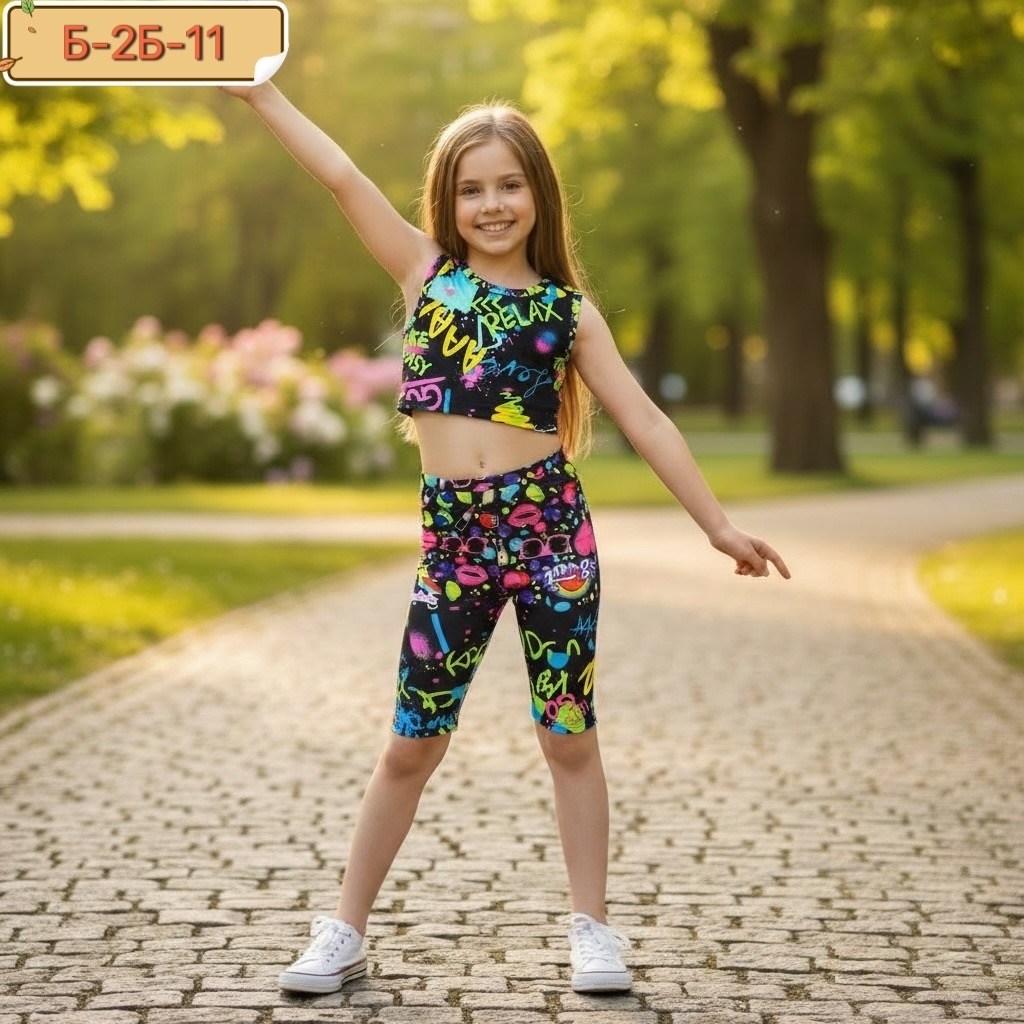 летний костюм из бамбука для девочки happyfox,костюм для девочек happyfox мультицвет,костюм для девочки,костюм детский летний с бриджами happyfox,детский летний костюм для девочек