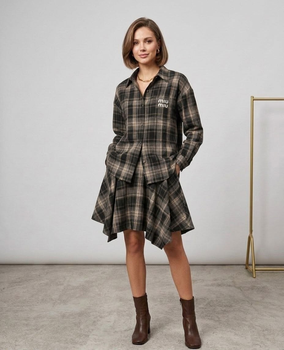 платье рубашка в клетку,платья в клетку,платье зара красное в клетку,костюм юбка с рубашкой в клетку erkestyle,комплект одежды erkestyle рубашка с юбкой