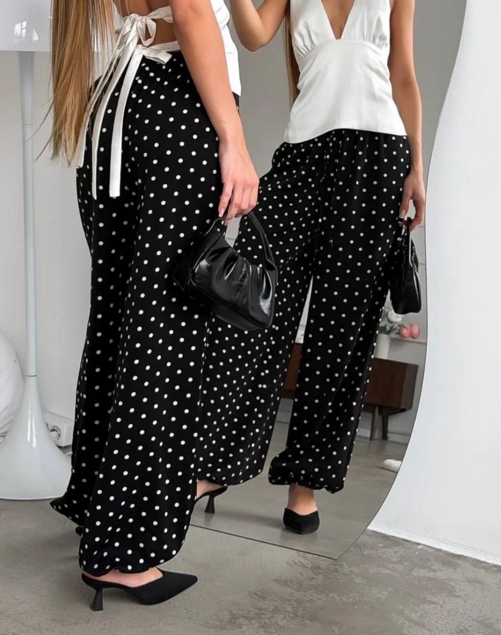 шифоновые брюки в горошек с широкими штанинами легкие эластичные женские,широкие штаны в горошек,шифоновые брюки,брюки с широкими штанинами,широкие брюки