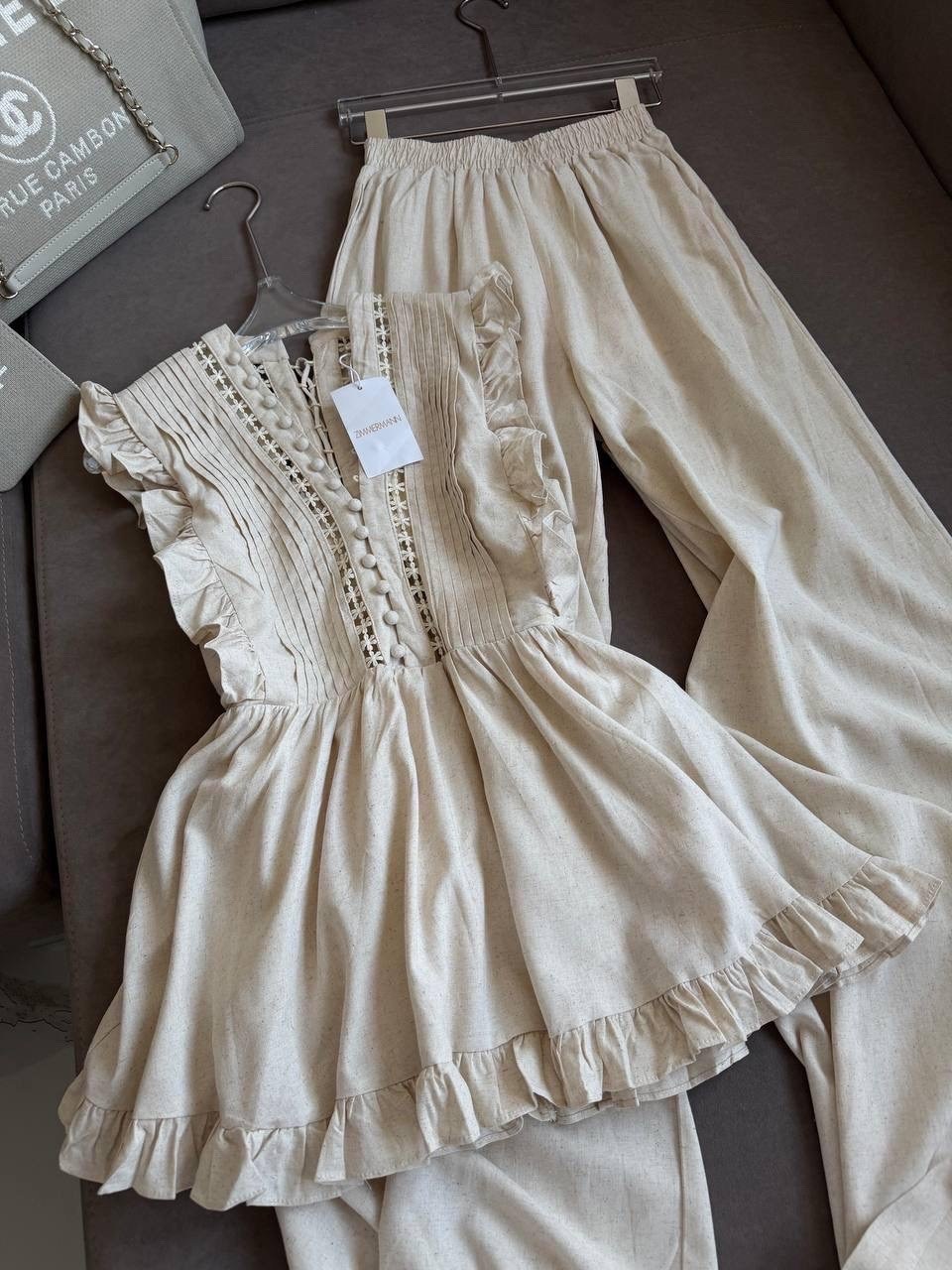 летние костюмы женские,костюм из муслина,элегантные брюки,бежевый брючный костюм,элегантные женские комплекты