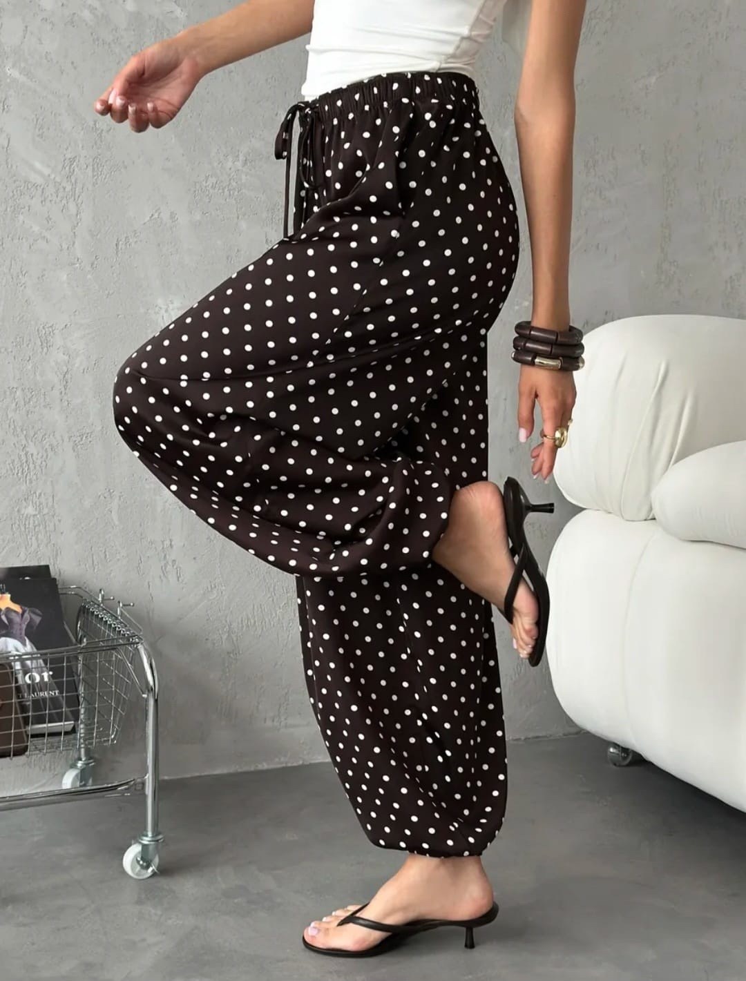 широкие штаны в горошек,шифоновые брюки в горошек с широкими штанинами легкие эластичные женские,брюки в горох,брюки палаццо,широкие брюки для женщин в горошек