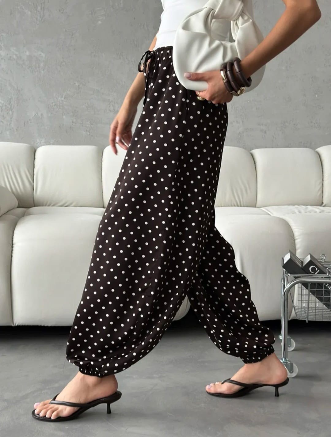 широкие штаны в горошек,шифоновые брюки в горошек с широкими штанинами легкие эластичные женские,брюки в горох,брюки палаццо,широкие брюки для женщин в горошек