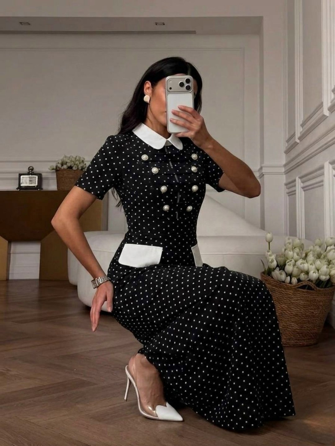черное платье в горошек с белым воротником,платье в горошек,платье в горошек с белым воротником,стильное платье,платья женская