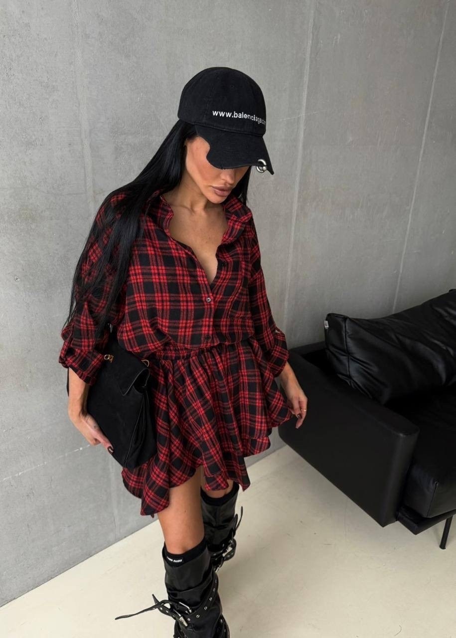 стильный костюм в клетку,платья в клетку,костюм рубашка и юбка,костюм в клетку,платье рубашка в клетку красное