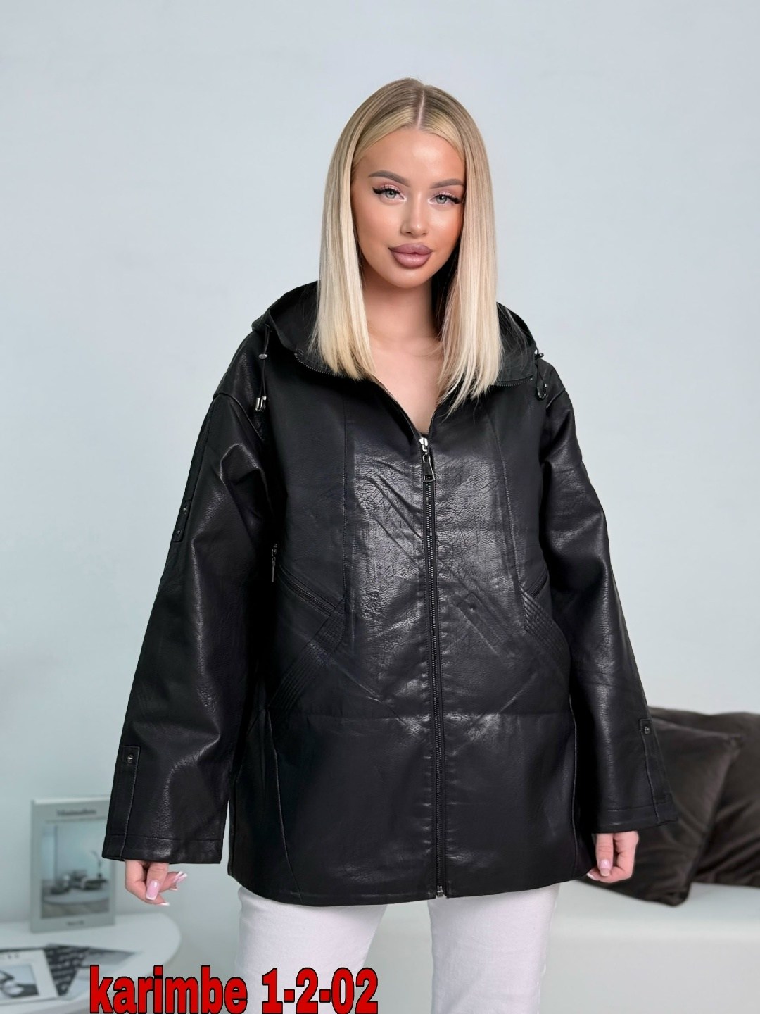 кожаная куртка женская мосмеха 8023320 черная 58 ru,женская кожаная куртка,кожаная куртка,женская кожаная куртка из эко-кожи с капюшоном мосмеха,женская куртка