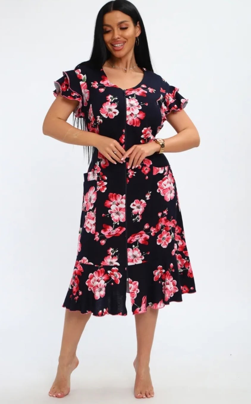 халат женский домашний,женский халат,халат женский 46663 сине-розовый,халат трикотажный,халат домашний летний на молнии большой размер фламинго текстиль